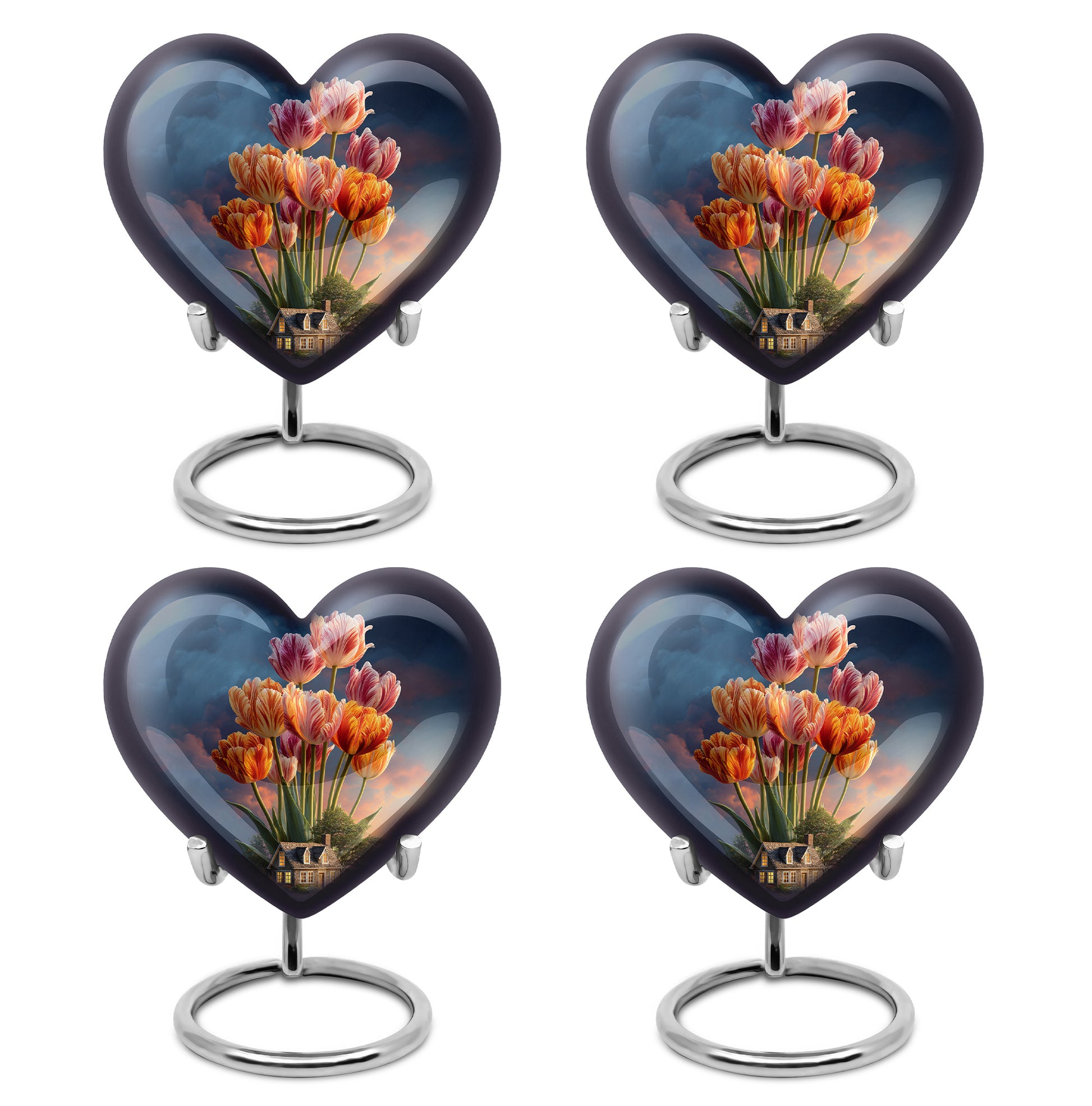 Sky Blue Garden Tulip Cremation Urn angled view of lid and engraved motif - heart-shaped garden tulip design symbolizing eternal love - 10 inch aluminum urn for cremated remains