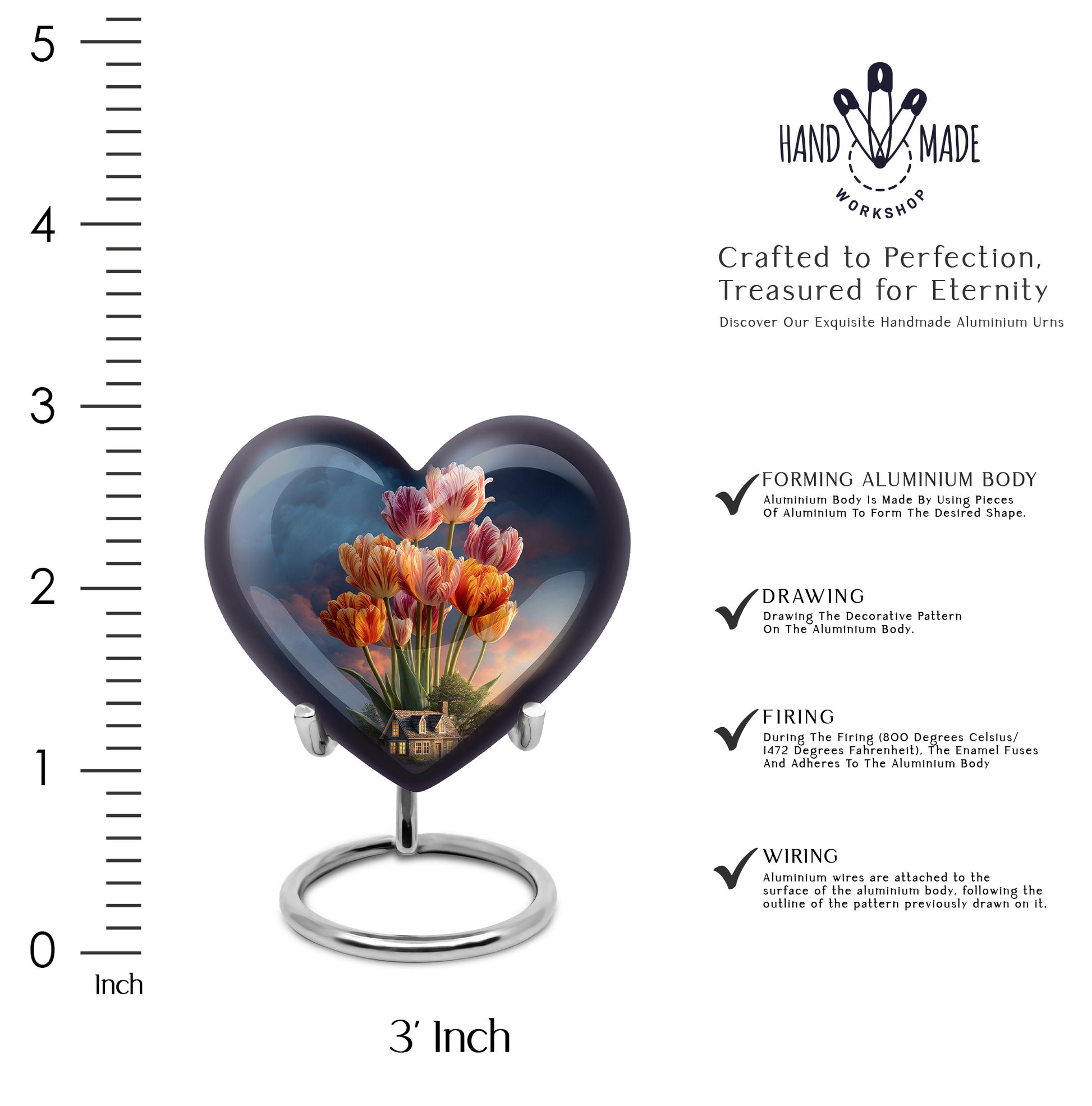 Powder Blue Garden Tulip Cremation Urn front view showing detailed design - heart-shaped garden tulip design symbolizing eternal love - mini keepsake memorial for portion of cremation ashes