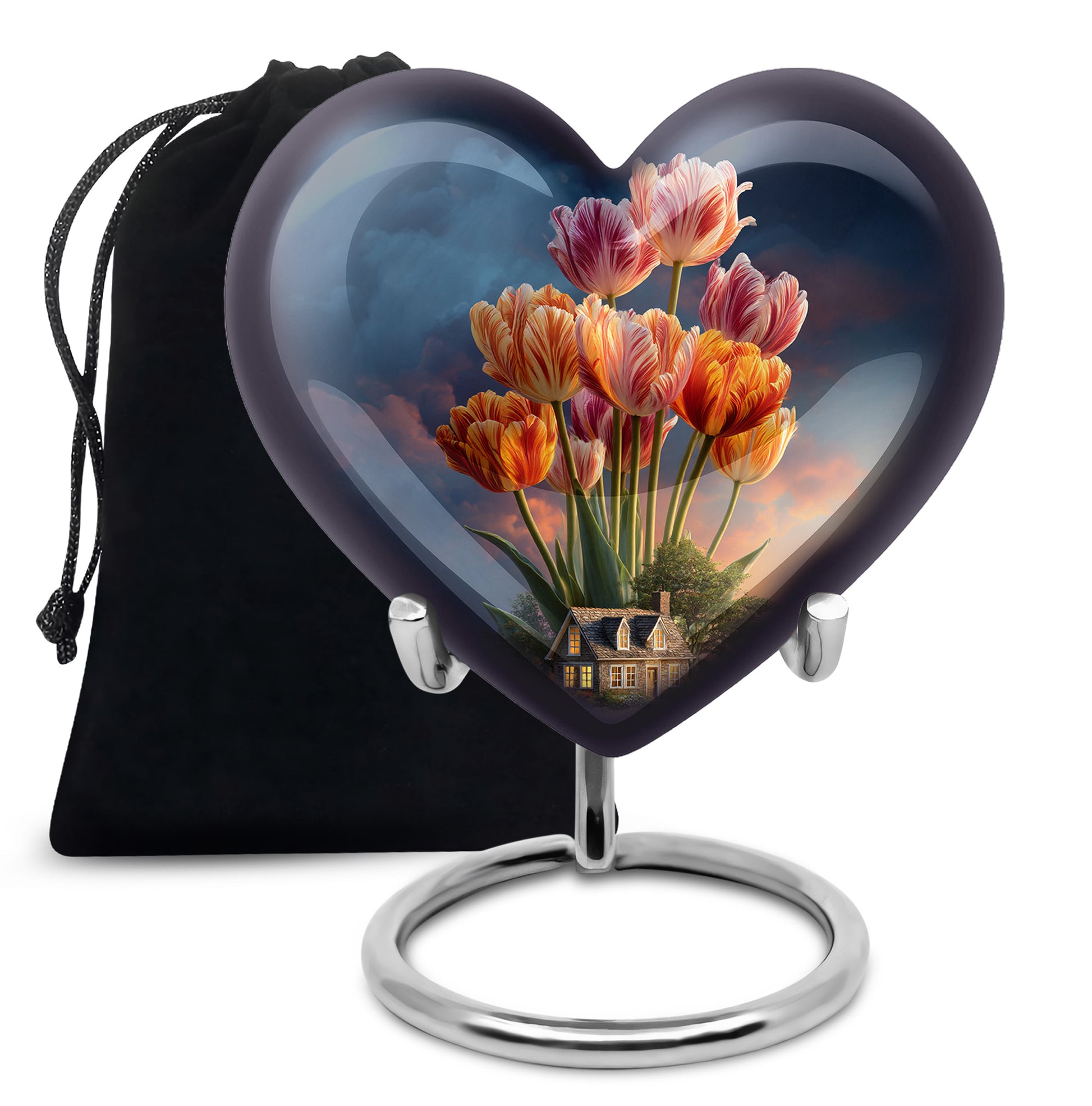 Dusty Blue Garden Tulip Cremation Urn detail view - loving heart memorial featuring garden tulip pattern - full-size 10 inch 200 cubic inch adult cremation urn