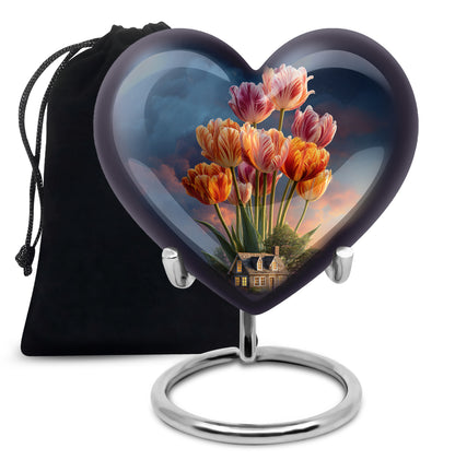 Dusty Blue Garden Tulip Cremation Urn detail view - loving heart memorial featuring garden tulip pattern - full-size 10 inch 200 cubic inch adult cremation urn