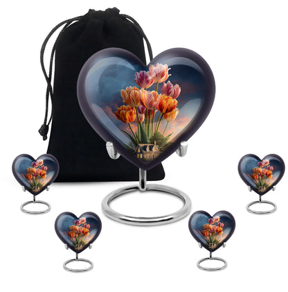 Misty Blue Garden Tulip Cremation Urn close-up of engraving and surface detail - heart-shaped garden tulip design symbolizing eternal love - memorial set with one large and four small urns