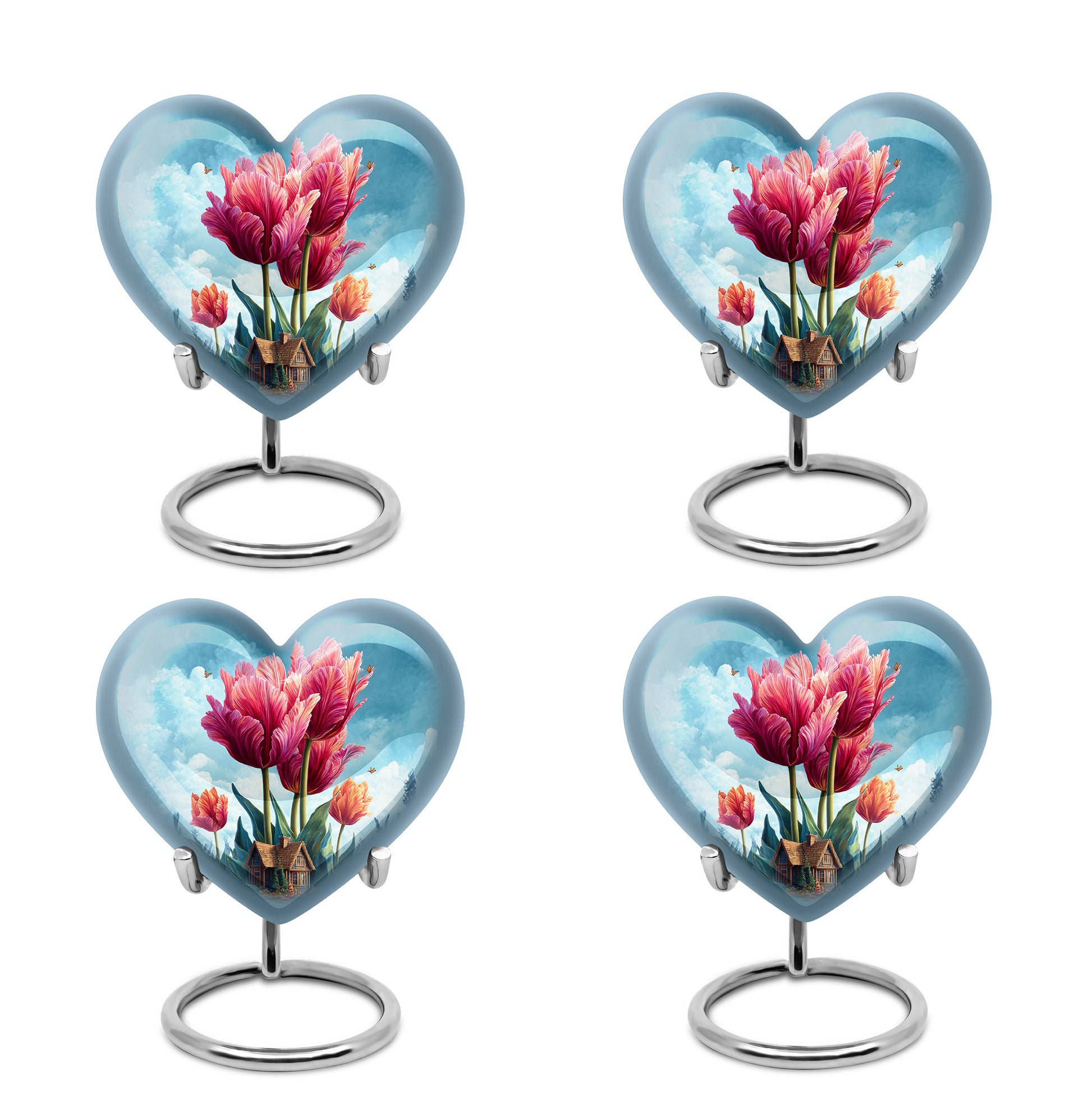 Sapphire Blue Garden Tulip Cremation Urn angled view of lid and engraved motif - romantic heart urn with garden tulip motif on aluminum - 10 inch aluminum urn for cremated remains