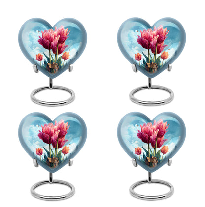 Sapphire Blue Garden Tulip Cremation Urn angled view of lid and engraved motif - romantic heart urn with garden tulip motif on aluminum - 10 inch aluminum urn for cremated remains