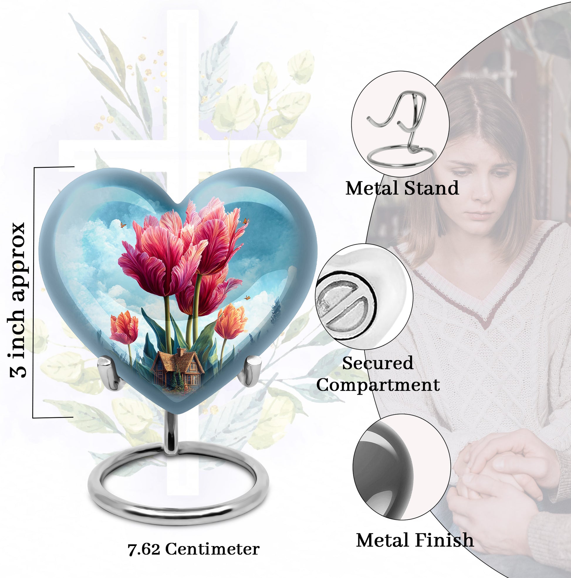 Sapphire Blue Garden Tulip Cremation Urn front view showing detailed design - compassionate heart-garden tulip combination with gentle curves - mini keepsake memorial for portion of cremation ashes