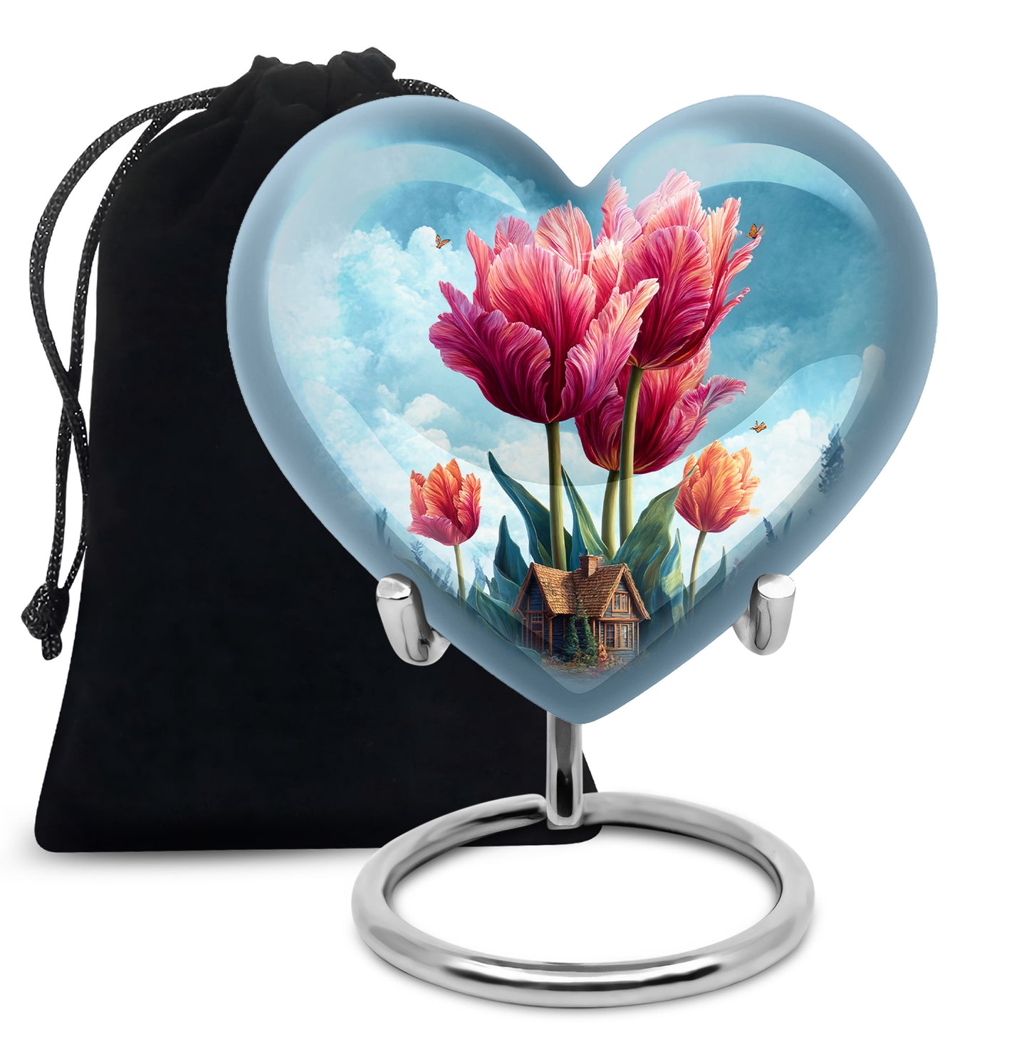 Sky Blue Garden Tulip Cremation Urn detail view - heart-shaped garden tulip design symbolizing eternal love - full-size 10 inch 200 cubic inch adult cremation urn