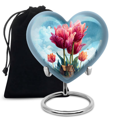 Sky Blue Garden Tulip Cremation Urn detail view - heart-shaped garden tulip design symbolizing eternal love - full-size 10 inch 200 cubic inch adult cremation urn