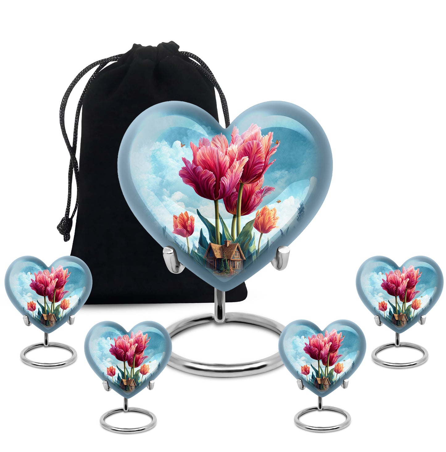 Royal Blue Garden Tulip Cremation Urn close-up of engraving and surface detail - compassionate heart-garden tulip combination with gentle curves - memorial set with one large and four small urns