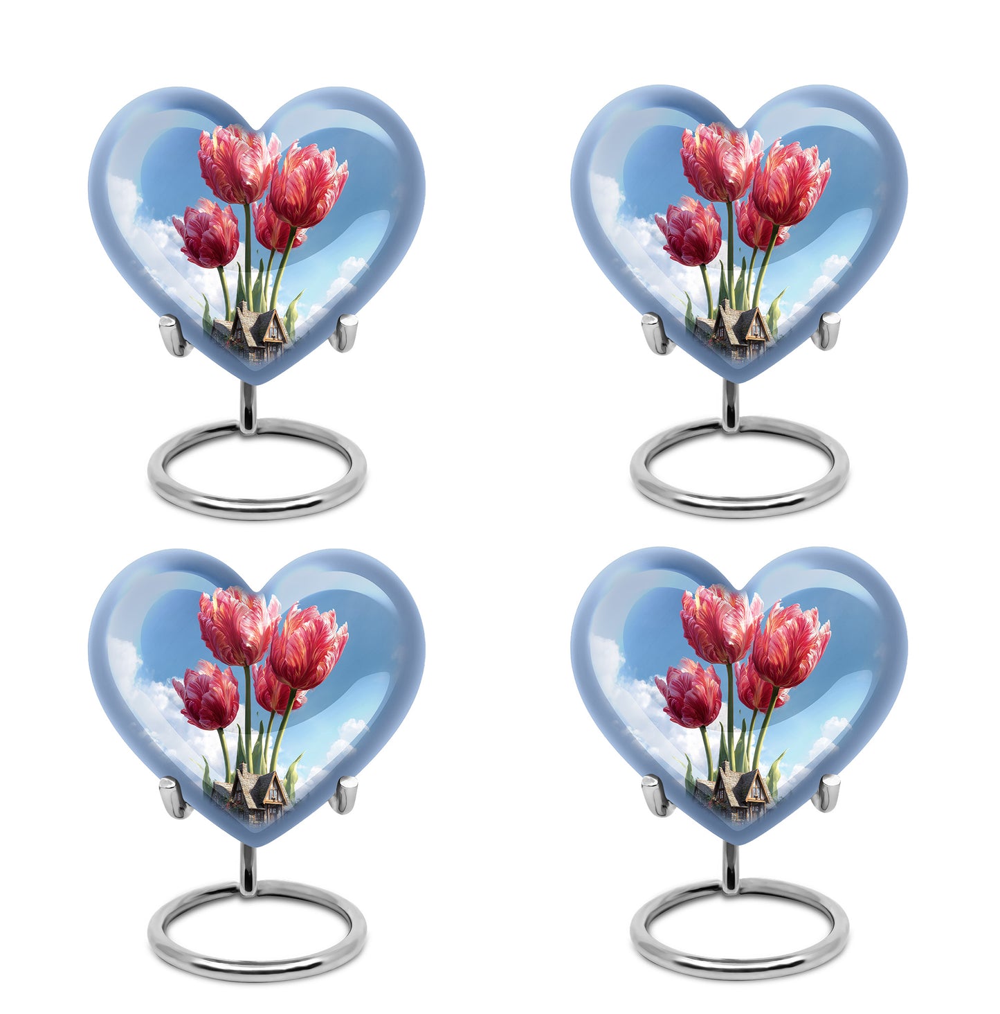 Cornflower Blue Garden Tulip Cremation Urn angled view of lid and engraved motif - compassionate heart-garden tulip combination with gentle curves - 10 inch aluminum urn for cremated remains