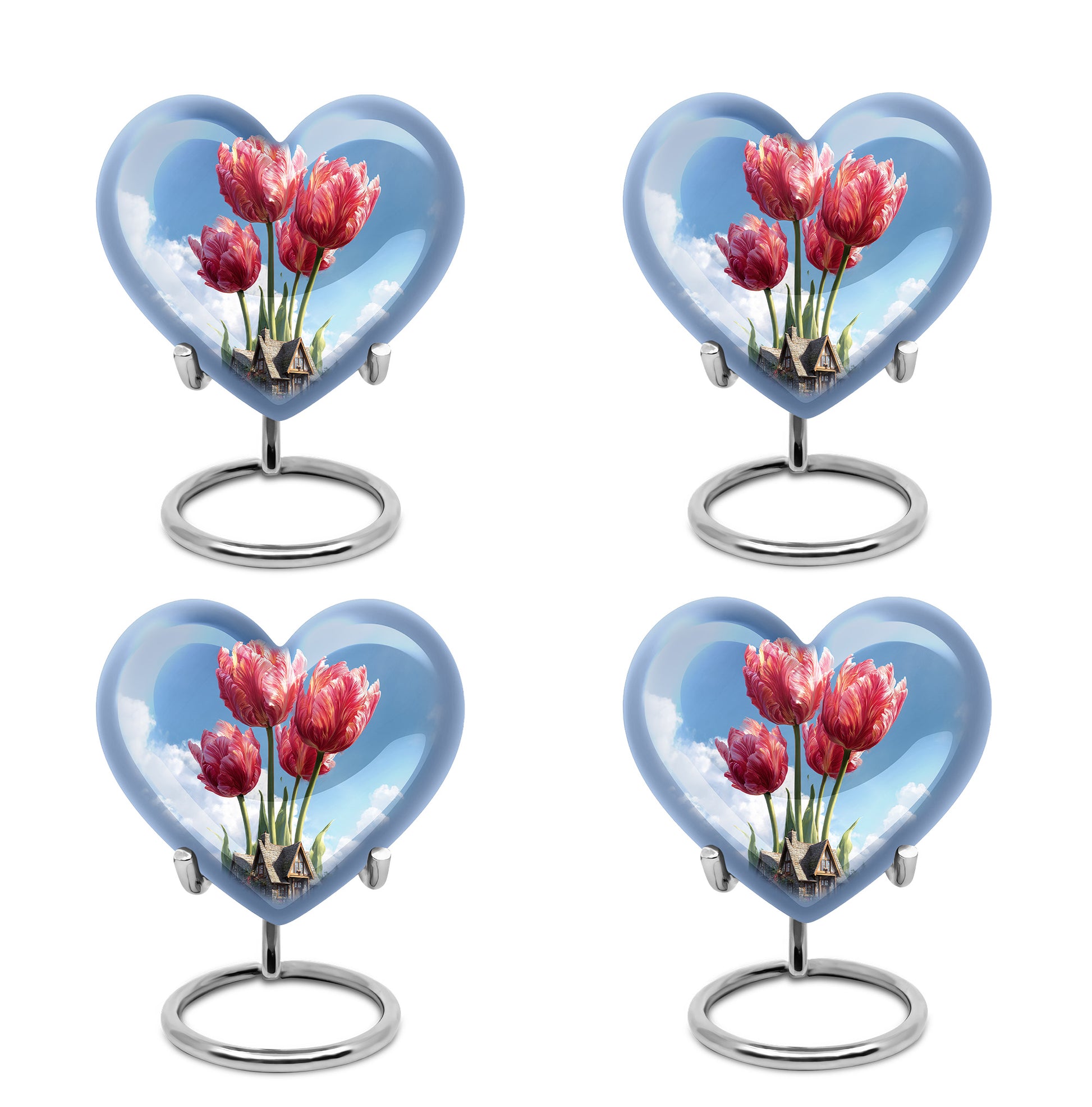 Cornflower Blue Garden Tulip Cremation Urn angled view of lid and engraved motif - compassionate heart-garden tulip combination with gentle curves - 10 inch aluminum urn for cremated remains