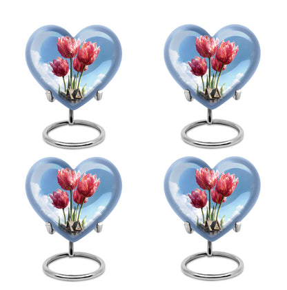 Cornflower Blue Garden Tulip Cremation Urn angled view of lid and engraved motif - compassionate heart-garden tulip combination with gentle curves - 10 inch aluminum urn for cremated remains