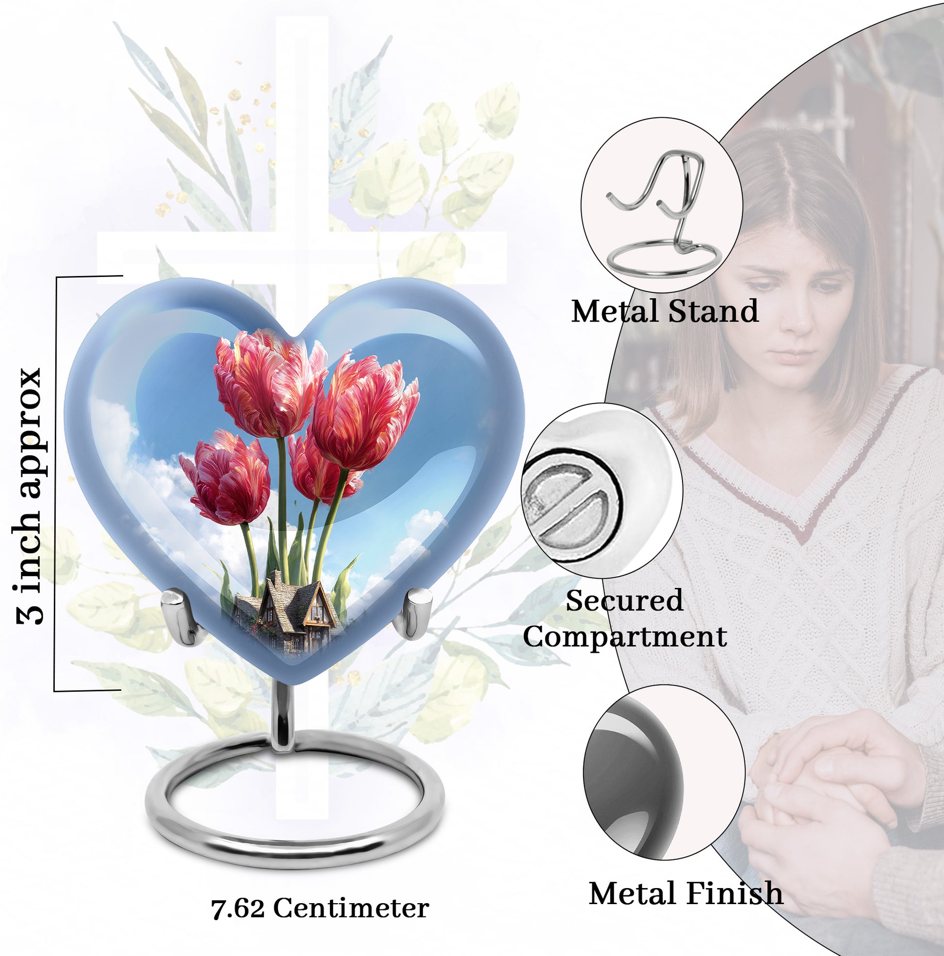 Cobalt Blue Garden Tulip Cremation Urn front view showing detailed design - romantic heart urn with garden tulip motif on aluminum - mini keepsake memorial for portion of cremation ashes