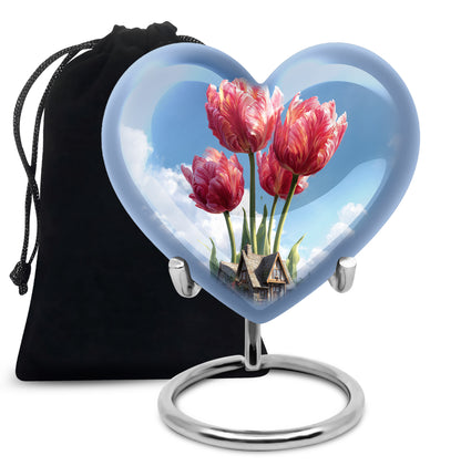 Slate Blue Garden Tulip Cremation Urn detail view - heart-shaped garden tulip design symbolizing eternal love - full-size 10 inch 200 cubic inch adult cremation urn