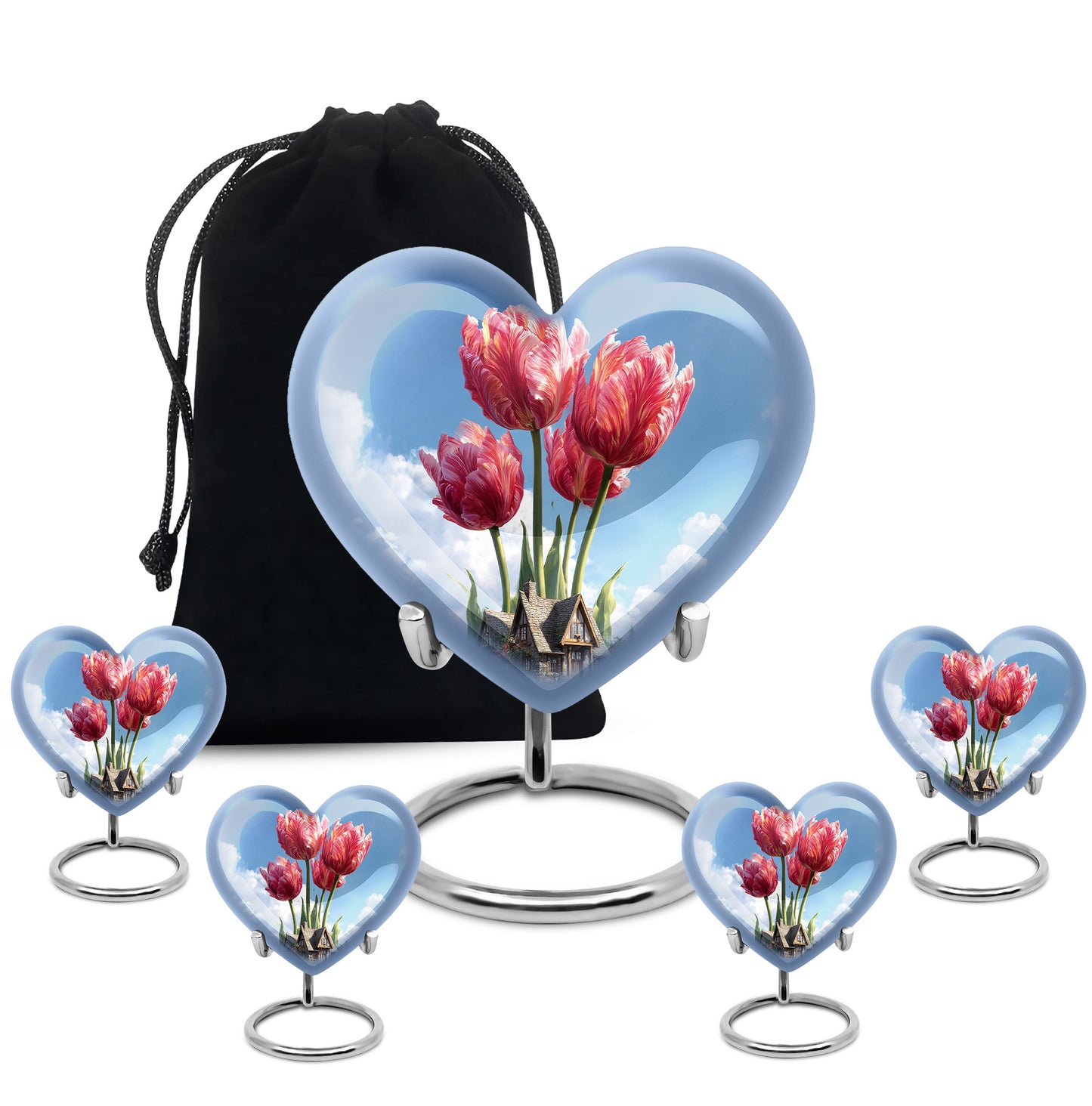 Misty Blue Garden Tulip Cremation Urn close-up of engraving and surface detail - heart-shaped garden tulip design symbolizing eternal love - memorial set with one large and four small urns