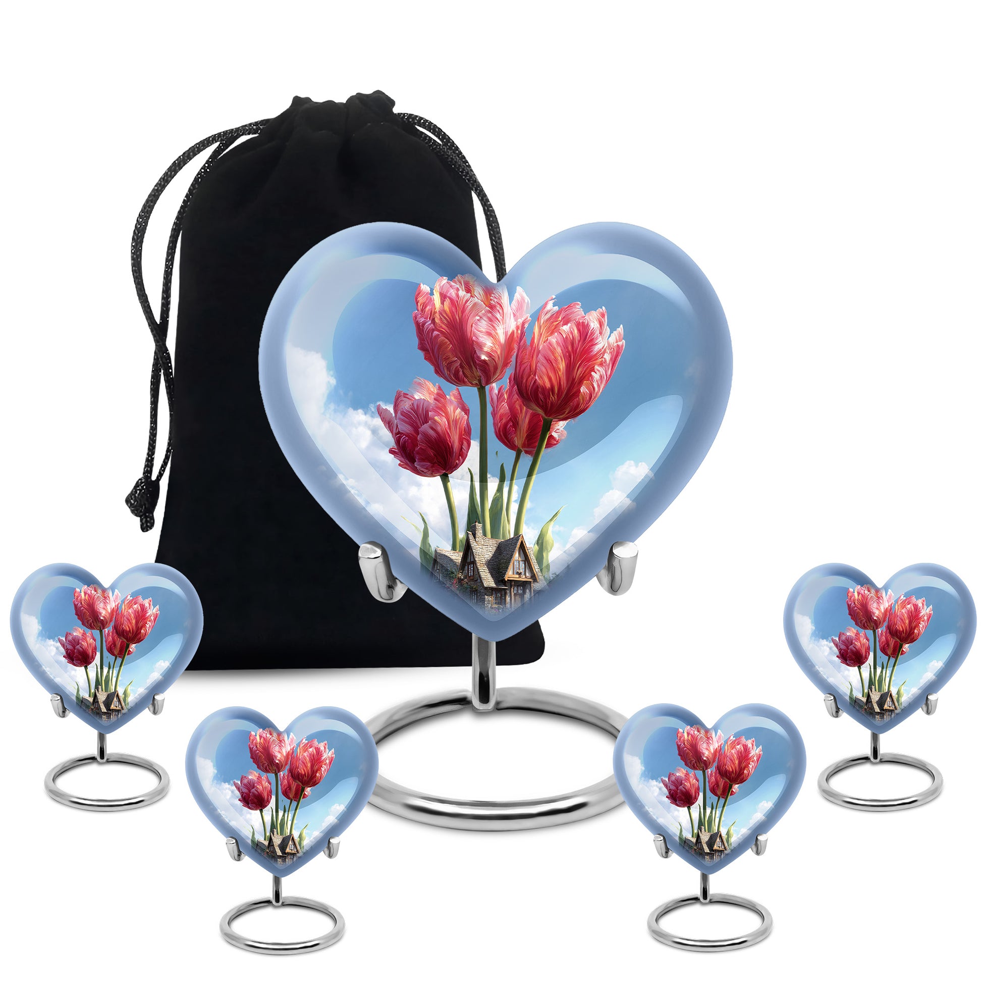 Misty Blue Garden Tulip Cremation Urn close-up of engraving and surface detail - heart-shaped garden tulip design symbolizing eternal love - memorial set with one large and four small urns