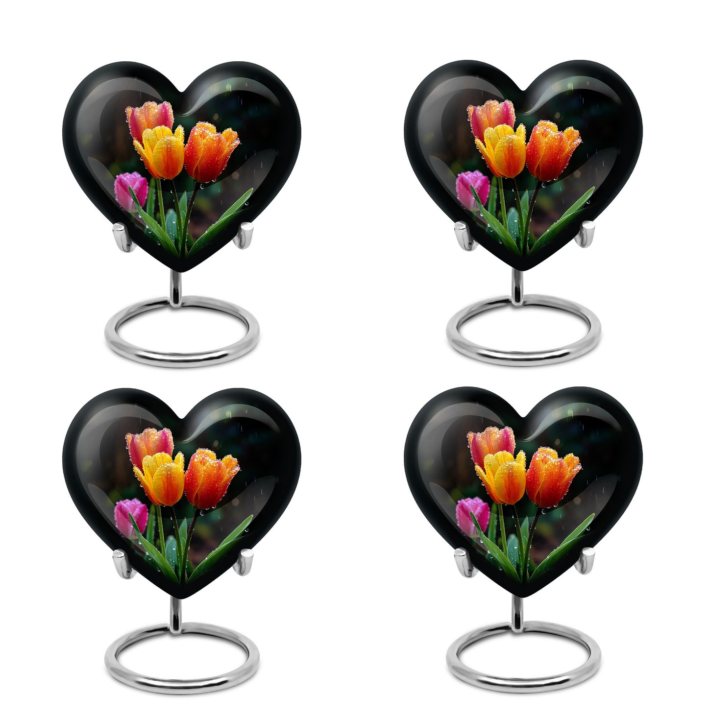 Midnight Black Garden Tulip Cremation Urn angled view of lid and engraved motif - romantic heart urn with garden tulip motif on aluminum - 10 inch aluminum urn for cremated remains