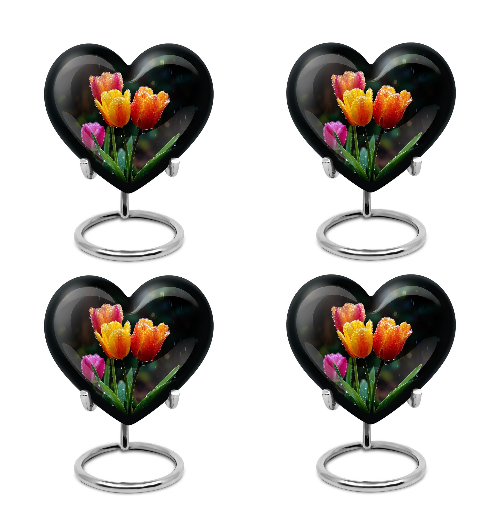 Midnight Black Garden Tulip Cremation Urn angled view of lid and engraved motif - romantic heart urn with garden tulip motif on aluminum - 10 inch aluminum urn for cremated remains