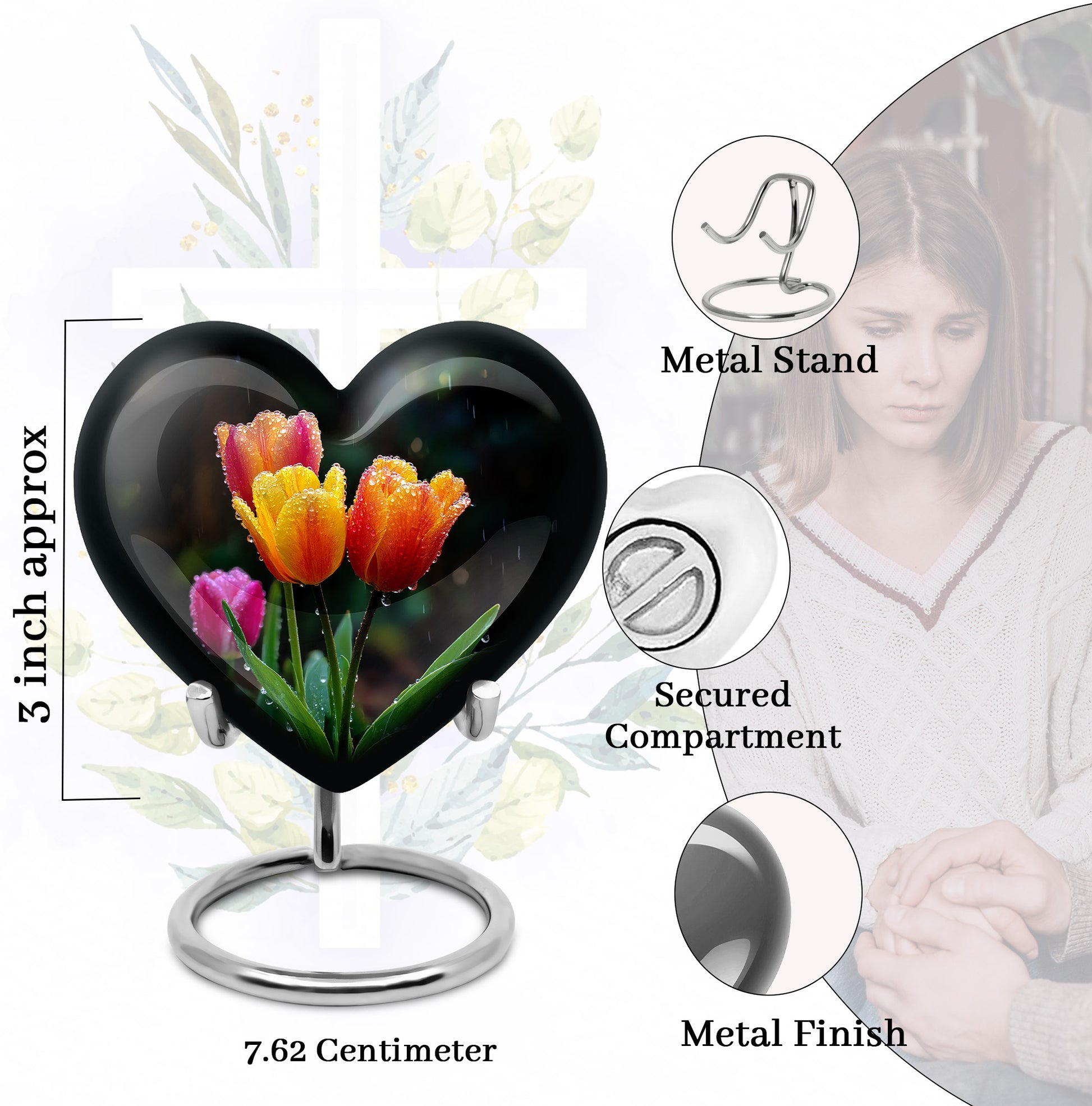 Obsidian Black Garden Tulip Cremation Urn front view showing detailed design - romantic heart urn with garden tulip motif on aluminum - mini keepsake memorial for portion of cremation ashes