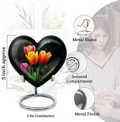 Obsidian Black Garden Tulip Cremation Urn front view showing detailed design - romantic heart urn with garden tulip motif on aluminum - mini keepsake memorial for portion of cremation ashes