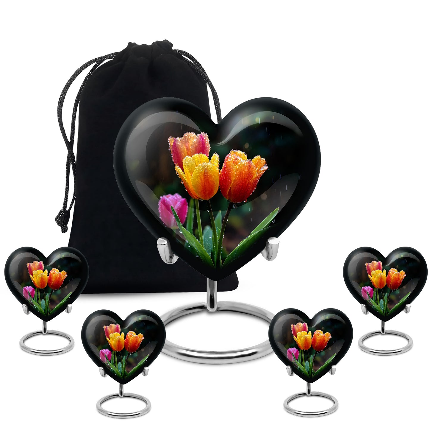 Ebony Garden Tulip Cremation Urn close-up of engraving and surface detail - heart-shaped garden tulip design symbolizing eternal love - memorial set with one large and four small urns