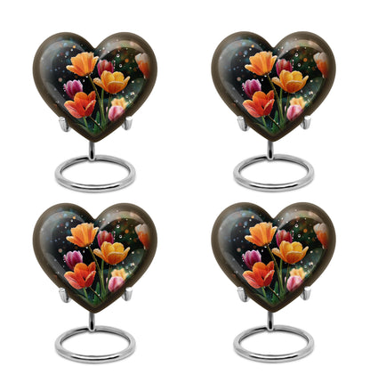 Charcoal Black Garden Tulip Cremation Urn angled view of lid and engraved motif - compassionate heart-garden tulip combination with gentle curves - 10 inch aluminum urn for cremated remains
