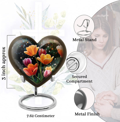 Glossy Black Garden Tulip Cremation Urn front view showing detailed design - heart-shaped garden tulip design symbolizing eternal love - mini keepsake memorial for portion of cremation ashes