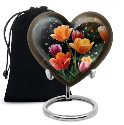 Deep Black Garden Tulip Cremation Urn detail view - heart-shaped garden tulip design symbolizing eternal love - full-size 10 inch 200 cubic inch adult cremation urn