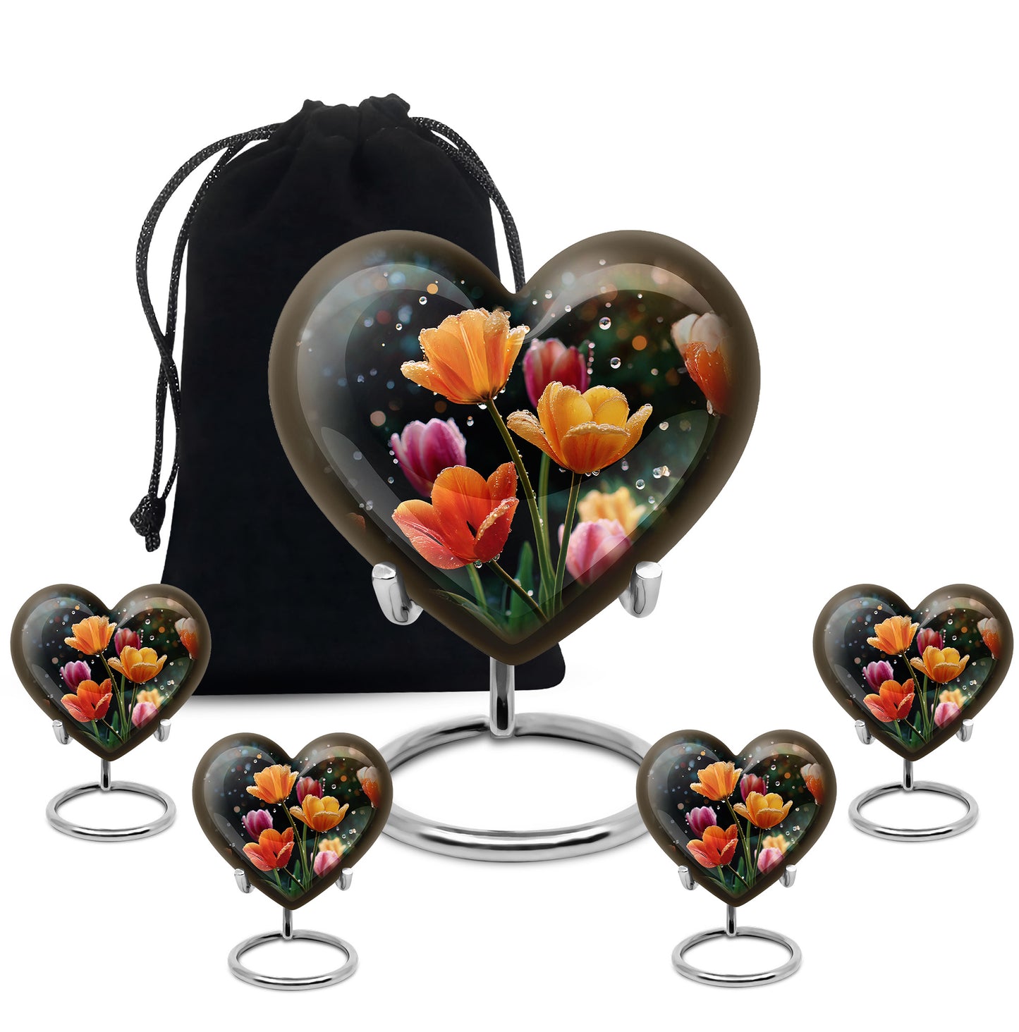 Jet Black Garden Tulip Cremation Urn close-up of engraving and surface detail - loving heart memorial featuring garden tulip pattern - memorial set with one large and four small urns