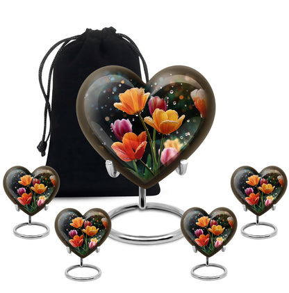 Jet Black Garden Tulip Cremation Urn close-up of engraving and surface detail - loving heart memorial featuring garden tulip pattern - memorial set with one large and four small urns