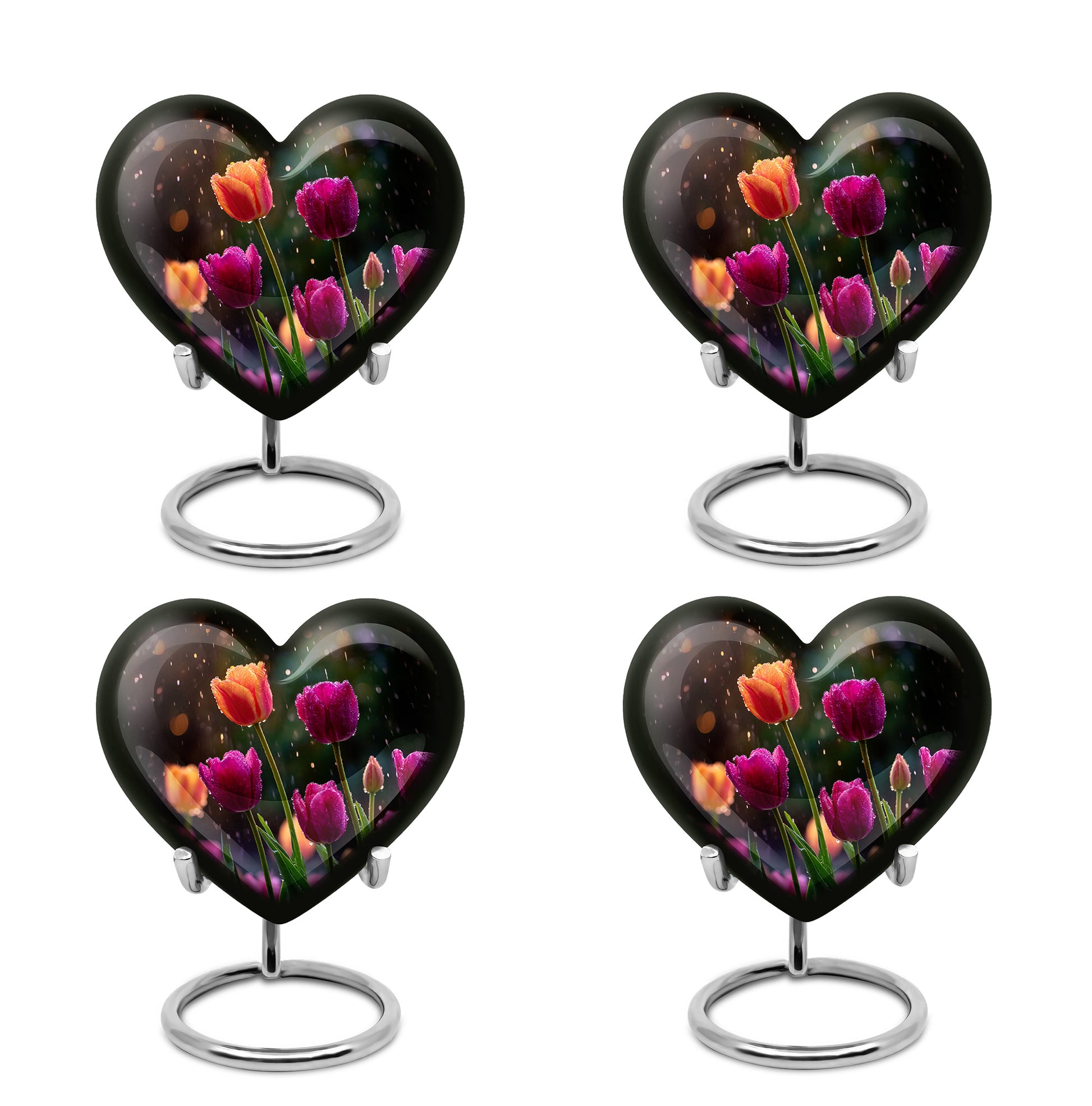 Dark Black Garden Tulip Cremation Urn angled view of lid and engraved motif - romantic heart urn with garden tulip motif on aluminum - 10 inch aluminum urn for cremated remains