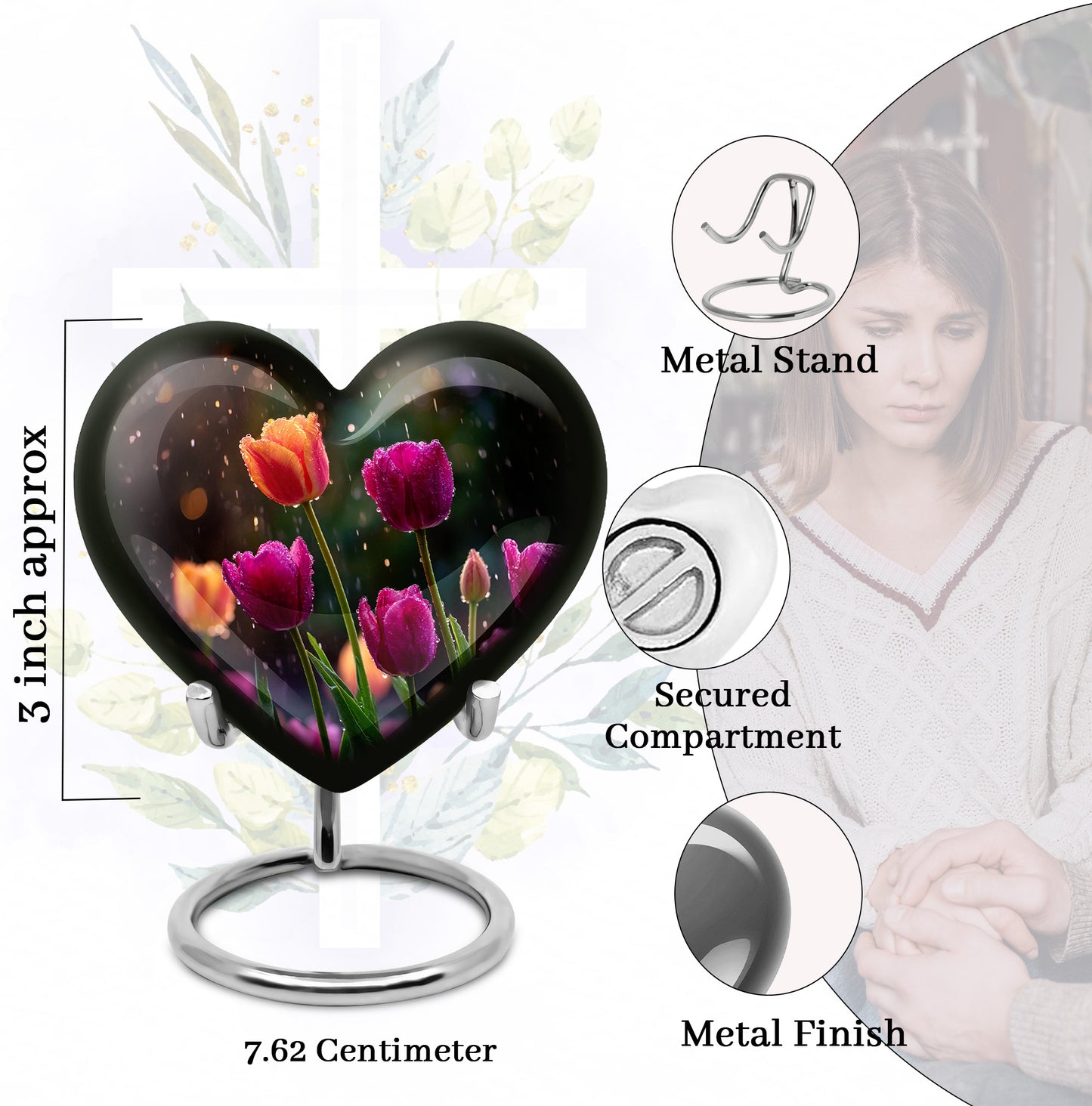 Jet Black Garden Tulip Cremation Urn front view showing detailed design - loving heart memorial featuring garden tulip pattern - mini keepsake memorial for portion of cremation ashes