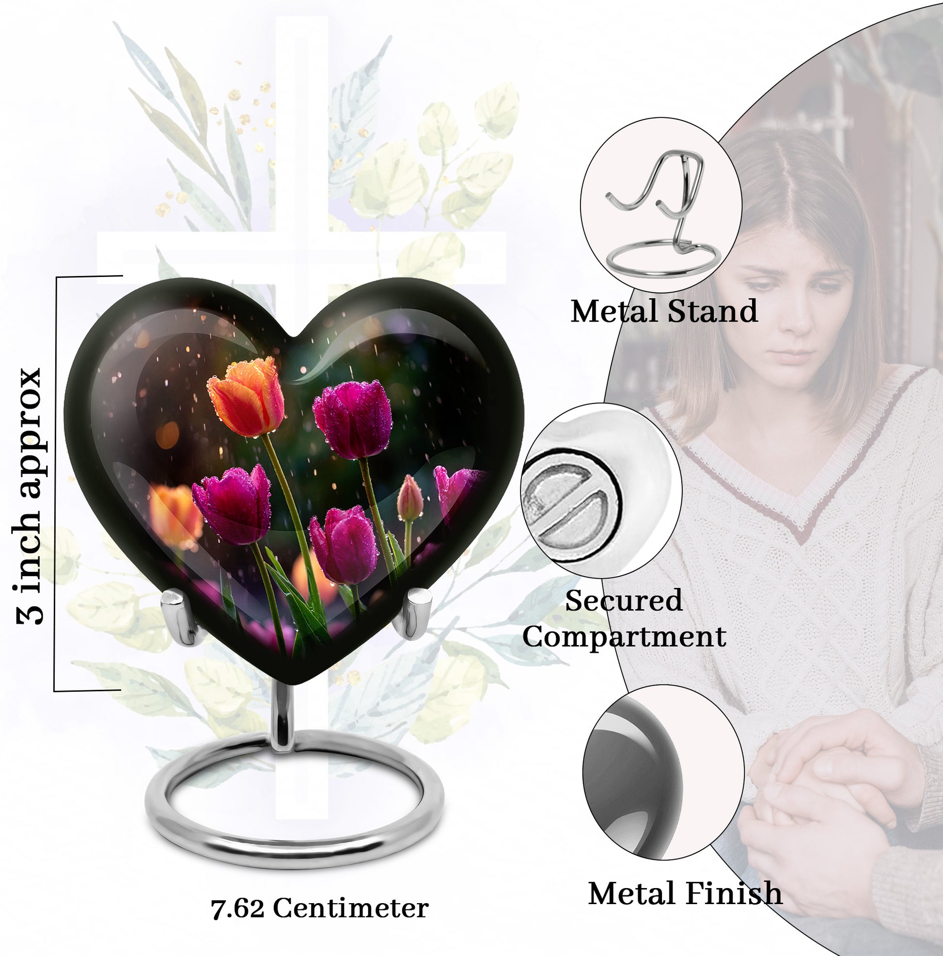 Jet Black Garden Tulip Cremation Urn front view showing detailed design - loving heart memorial featuring garden tulip pattern - mini keepsake memorial for portion of cremation ashes