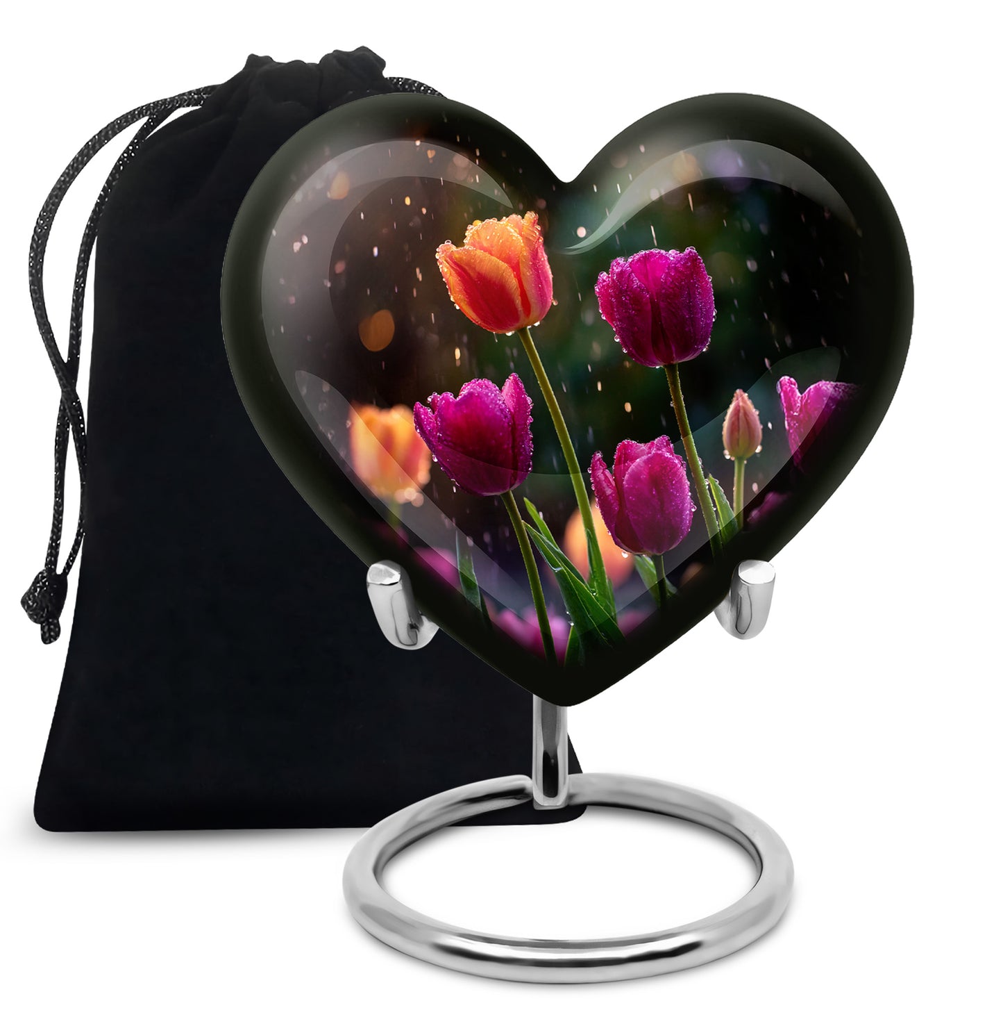 Glossy Black Garden Tulip Cremation Urn detail view - loving heart memorial featuring garden tulip pattern - full-size 10 inch 200 cubic inch adult cremation urn