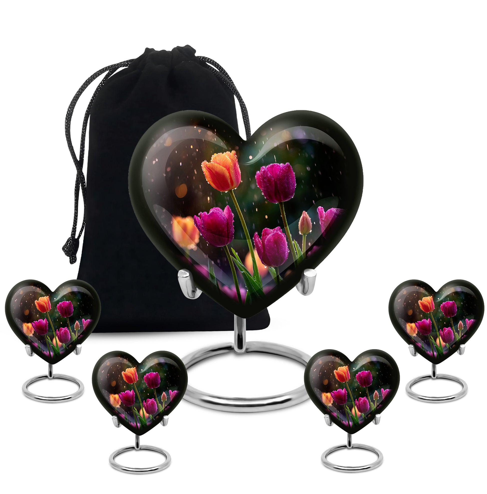 Glossy Black Garden Tulip Cremation Urn close-up of engraving and surface detail - heart-shaped garden tulip design symbolizing eternal love - memorial set with one large and four small urns