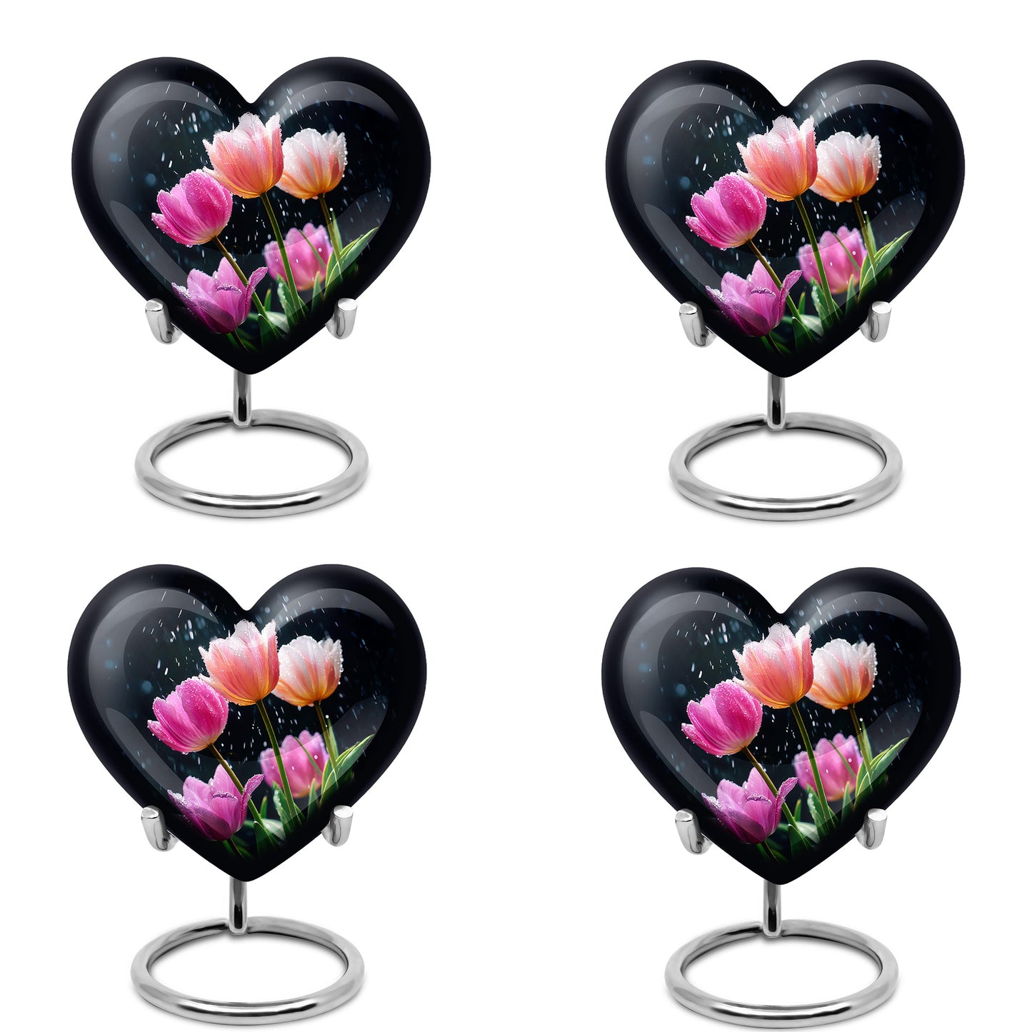 Navy Blue Garden Tulip Cremation Urn angled view of lid and engraved motif - heart-shaped garden tulip design symbolizing eternal love - 10 inch aluminum urn for cremated remains
