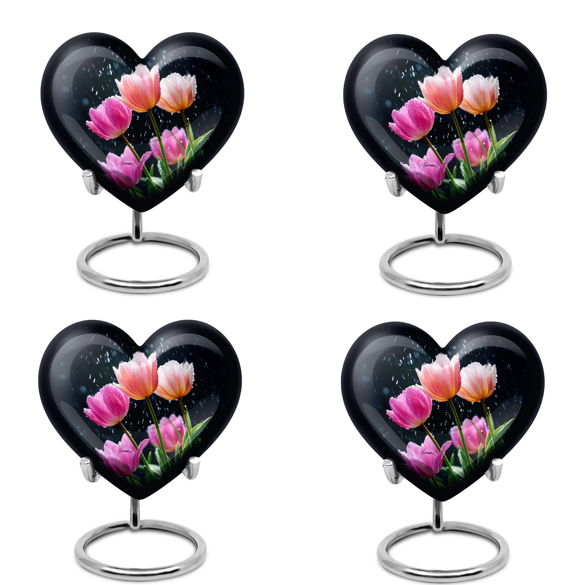 Navy Blue Garden Tulip Cremation Urn angled view of lid and engraved motif - heart-shaped garden tulip design symbolizing eternal love - 10 inch aluminum urn for cremated remains