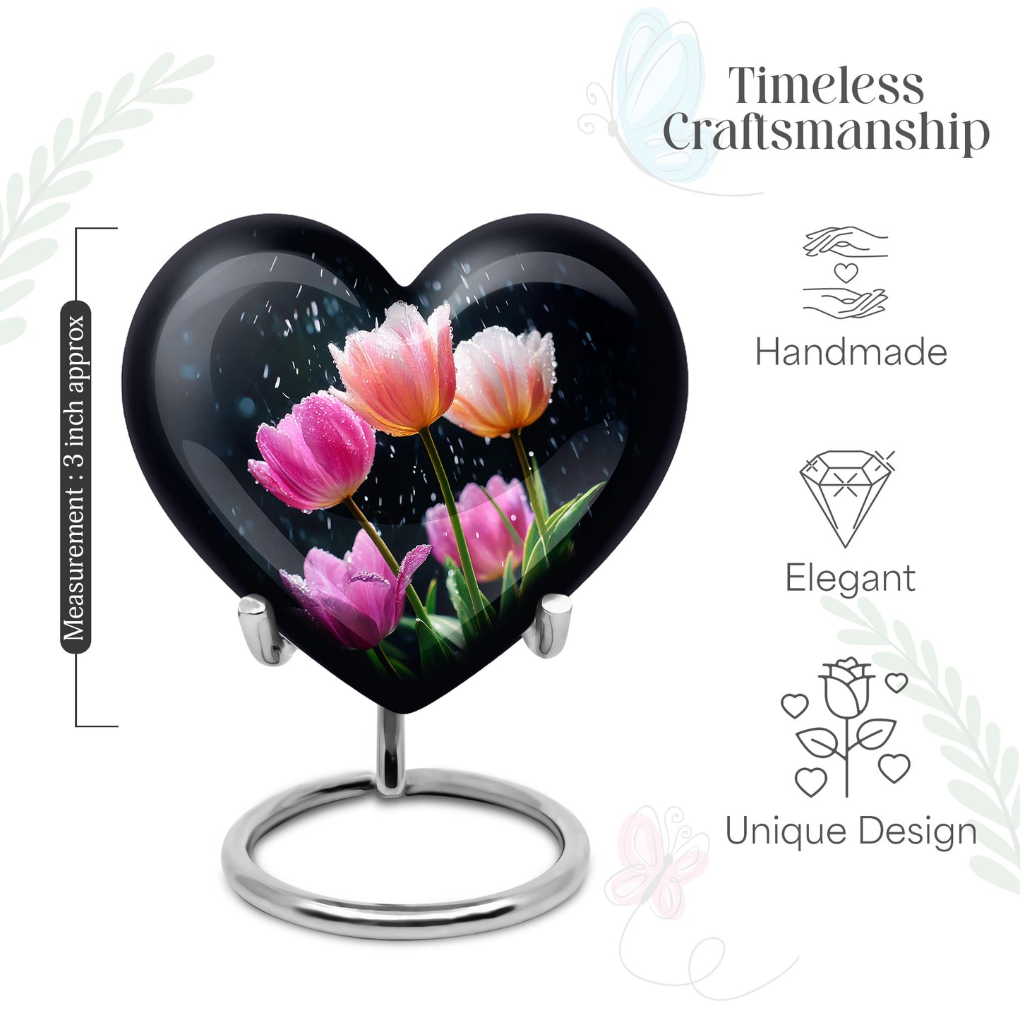 Powder Blue Garden Tulip Cremation Urn front view showing detailed design - loving heart memorial featuring garden tulip pattern - mini keepsake memorial for portion of cremation ashes