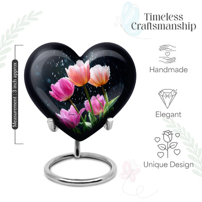 Powder Blue Garden Tulip Cremation Urn front view showing detailed design - loving heart memorial featuring garden tulip pattern - mini keepsake memorial for portion of cremation ashes