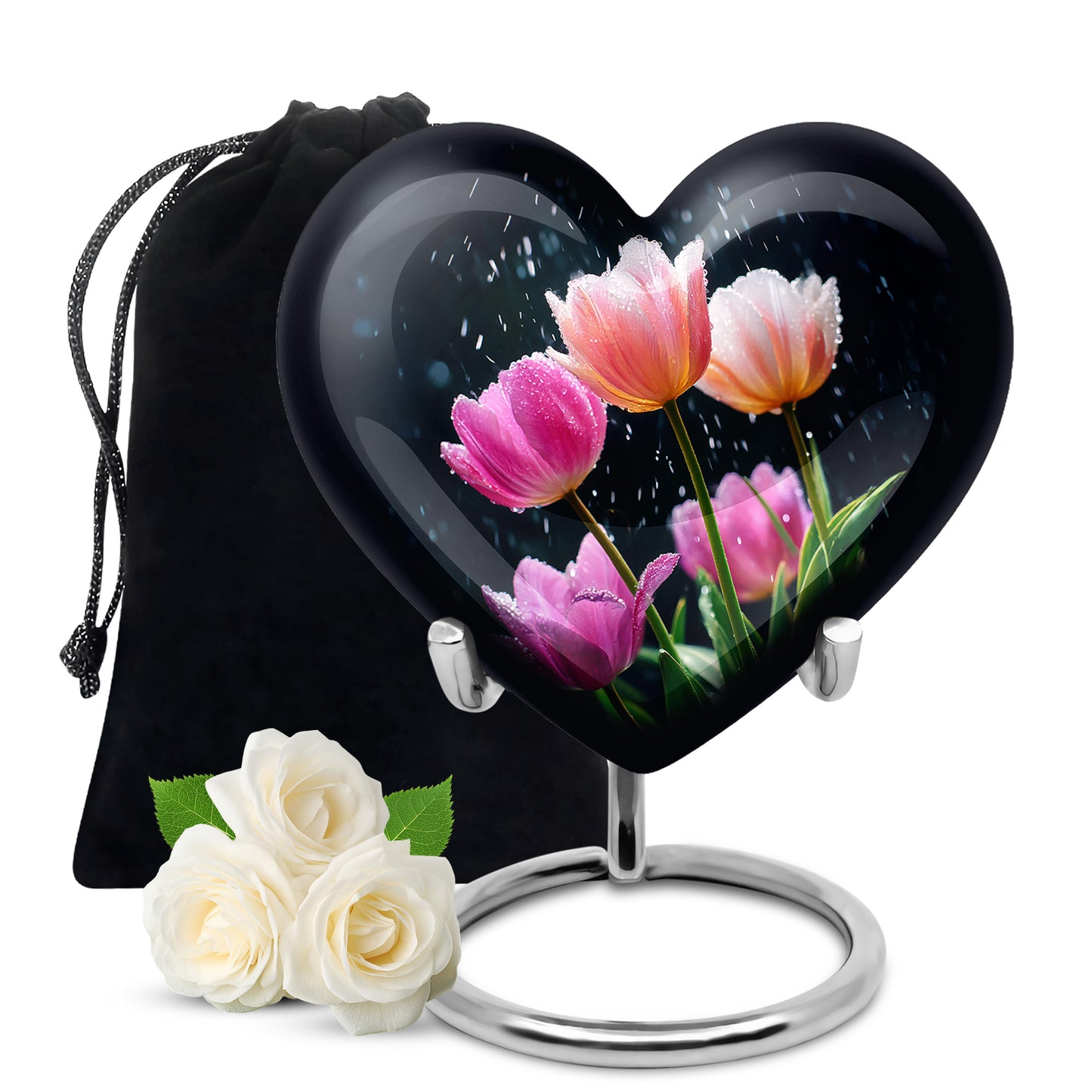 Navy Blue Garden Tulip Cremation Urn detail view - loving heart memorial featuring garden tulip pattern - full-size 10 inch 200 cubic inch adult cremation urn