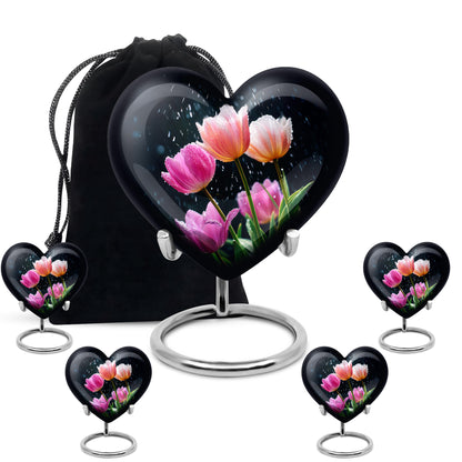 Serene Blue Garden Tulip Cremation Urn close-up of engraving and surface detail - romantic heart urn with garden tulip motif on aluminum - memorial set with one large and four small urns