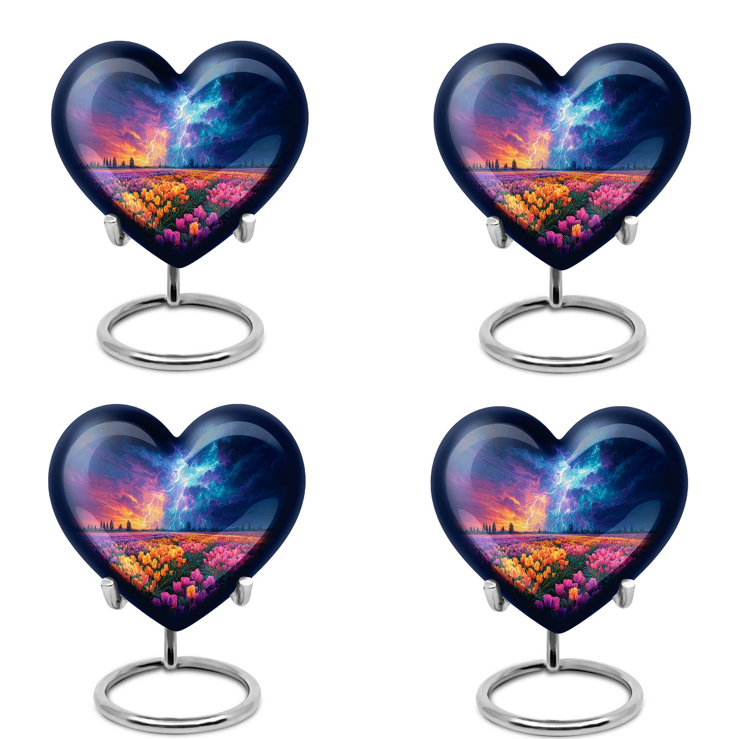 Calming Blue Garden Tulip Cremation Urn angled view of lid and engraved motif - compassionate heart-garden tulip combination with gentle curves - 10 inch aluminum urn for cremated remains