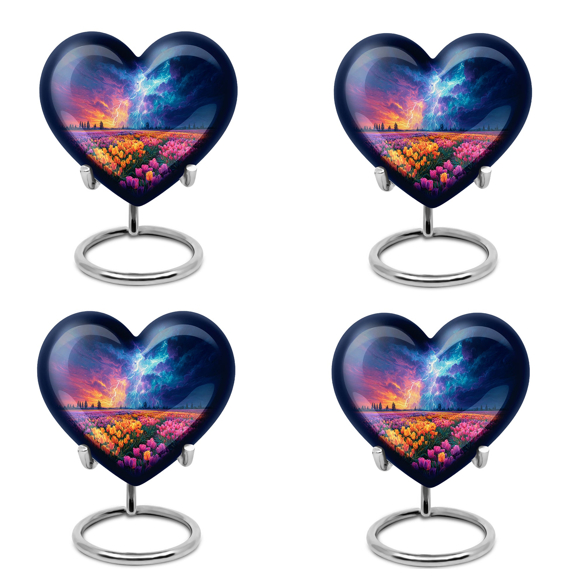 Calming Blue Garden Tulip Cremation Urn angled view of lid and engraved motif - compassionate heart-garden tulip combination with gentle curves - 10 inch aluminum urn for cremated remains
