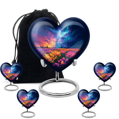 Sky Blue Garden Tulip Cremation Urn close-up of engraving and surface detail - heart-shaped garden tulip design symbolizing eternal love - memorial set with one large and four small urns