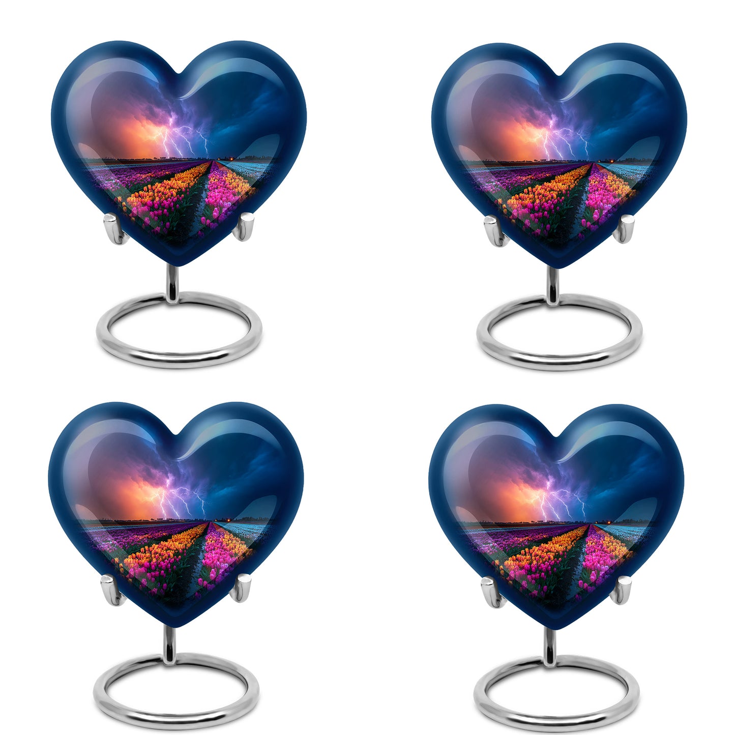 Icy Blue Garden Tulip Cremation Urn angled view of lid and engraved motif - loving heart memorial featuring garden tulip pattern - 10 inch aluminum urn for cremated remains