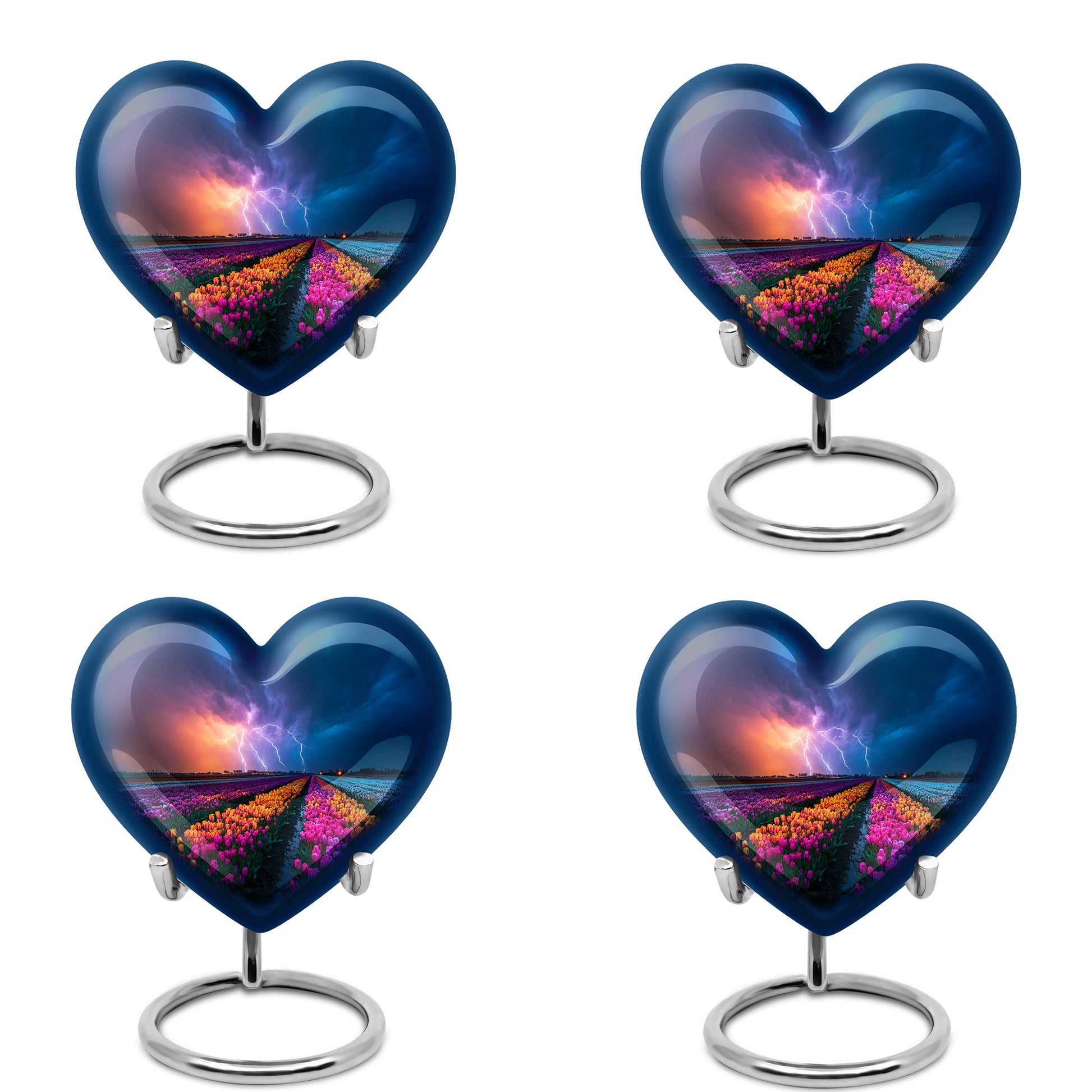 Icy Blue Garden Tulip Cremation Urn angled view of lid and engraved motif - loving heart memorial featuring garden tulip pattern - 10 inch aluminum urn for cremated remains