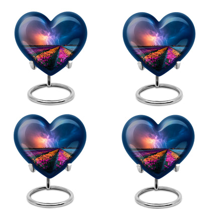 Icy Blue Garden Tulip Cremation Urn angled view of lid and engraved motif - loving heart memorial featuring garden tulip pattern - 10 inch aluminum urn for cremated remains