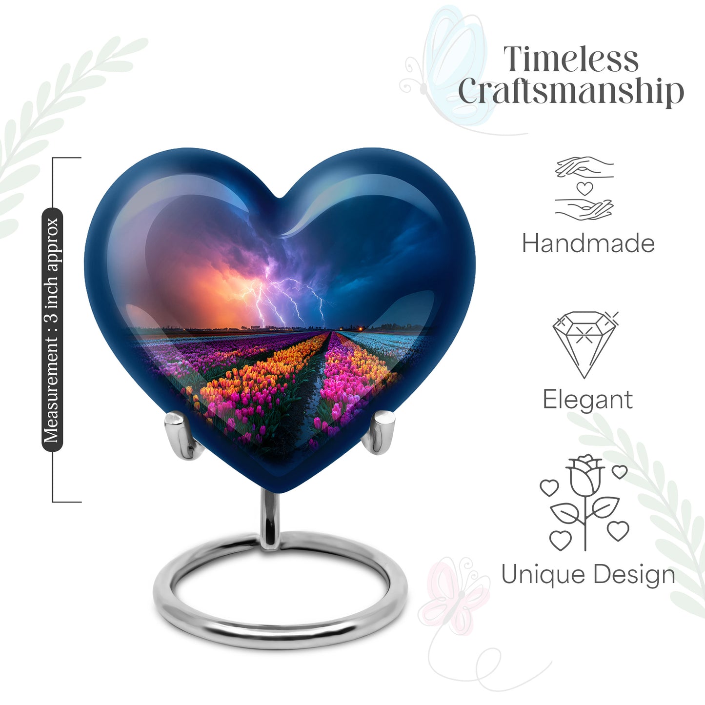 Azure Garden Tulip Cremation Urn front view showing detailed design - heart-shaped garden tulip design symbolizing eternal love - mini keepsake memorial for portion of cremation ashes