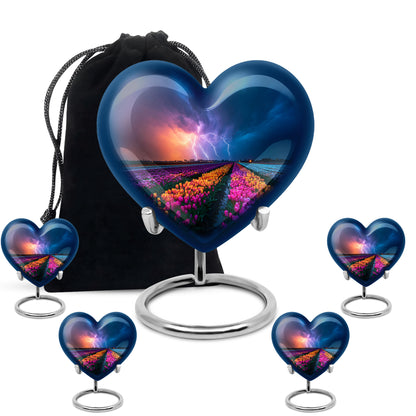 Calming Blue Garden Tulip Cremation Urn close-up of engraving and surface detail - romantic heart urn with garden tulip motif on aluminum - memorial set with one large and four small urns