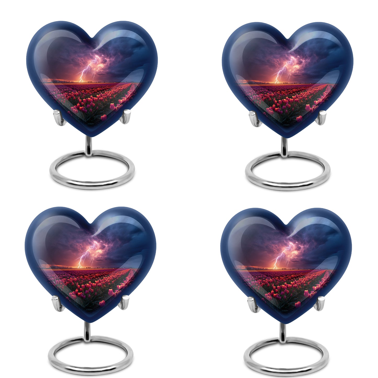 Pastel Blue Garden Tulip Cremation Urn angled view of lid and engraved motif - heart-shaped garden tulip design symbolizing eternal love - 10 inch aluminum urn for cremated remains
