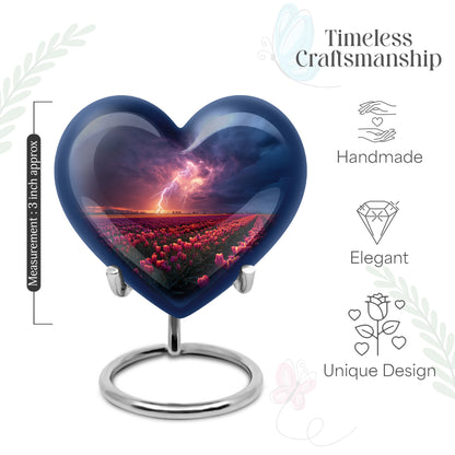 Steel Blue Garden Tulip Cremation Urn front view showing detailed design - compassionate heart-garden tulip combination with gentle curves - mini keepsake memorial for portion of cremation ashes
