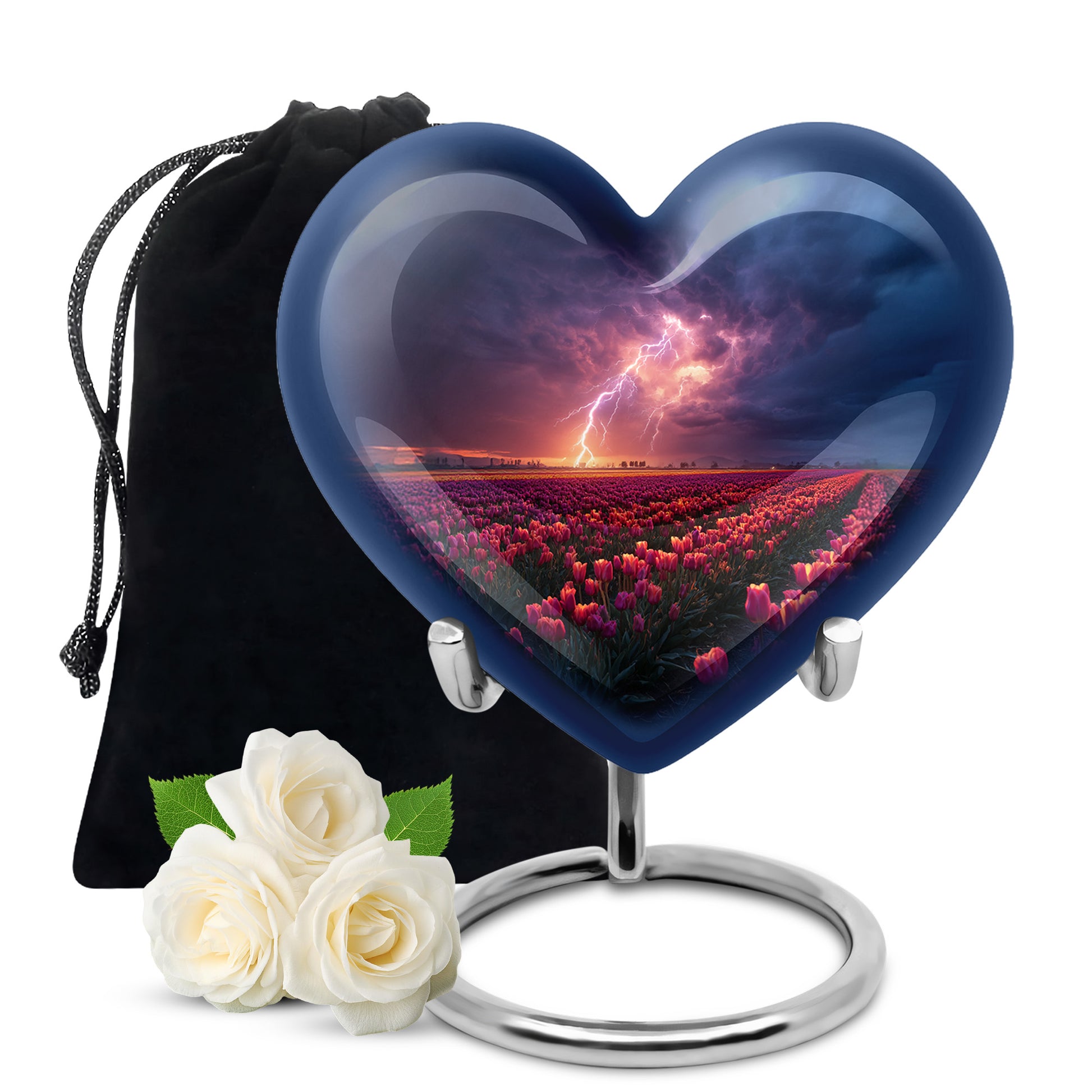 Powder Blue Garden Tulip Cremation Urn detail view - loving heart memorial featuring garden tulip pattern - full-size 10 inch 200 cubic inch adult cremation urn